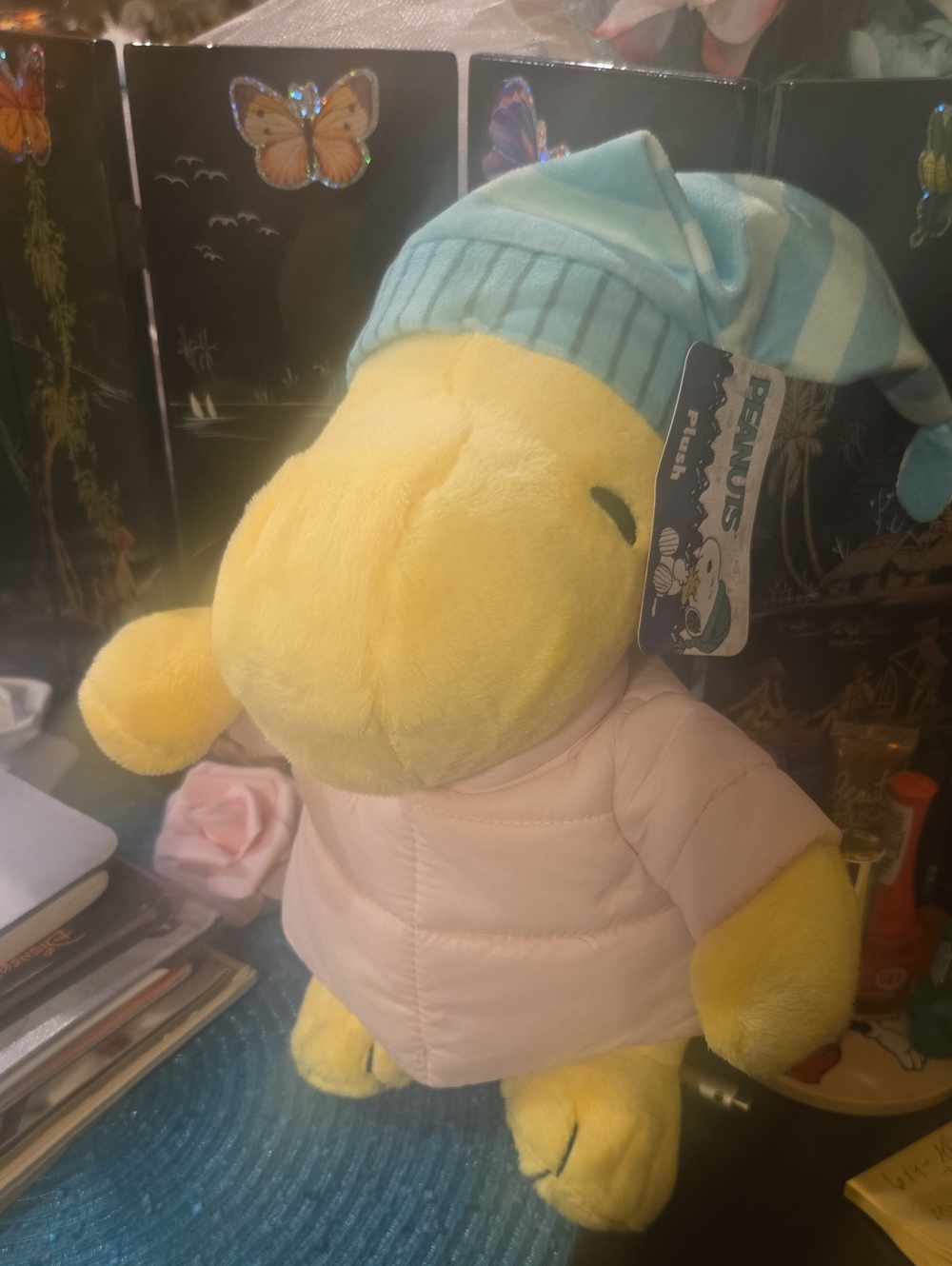 Peanuts Kids Yellow Plush Woodstock in Light Pink Puffer Jacket